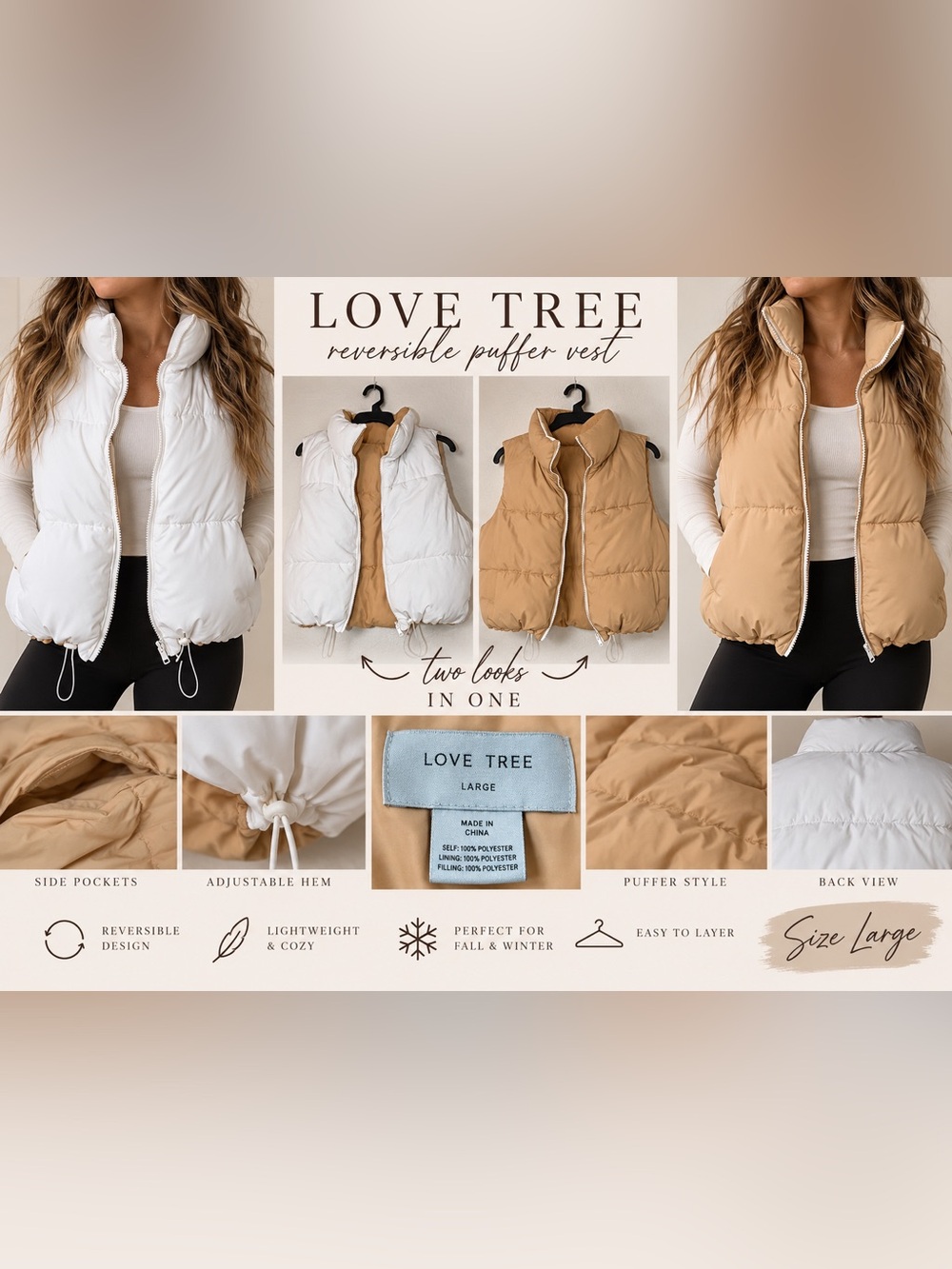 Love Tree Reversible White & Tan Puffer Vest